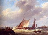 Johannes Hermanus Koekkoek Canvas Paintings - Fishermen On A Jetty Overlooking A River Estuary, A Castle Beyond